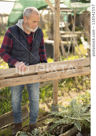 Elderly man building fence in garden Elderly man building fence in garden 138542557