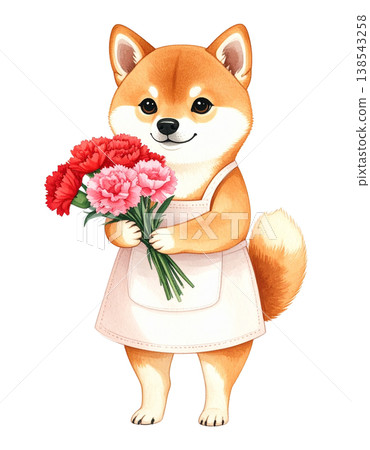 穿著圍裙、手持康乃馨的紅色柴犬－母親節/花店主題剪紙設計 #2 138543258
