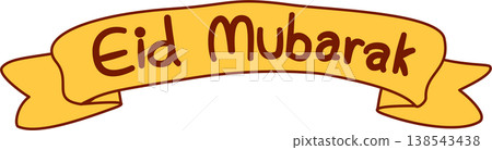 Golden ribbon banner with Eid Mubarak typography for greeting card 138543438