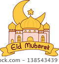 Golden mosque building with Eid Mubarak sign for festive background 138543439
