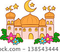 Beautiful Islamic mosque illustration decorated with blooming colorful flowers 138543444