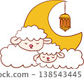 Cute little sheep character on white clouds with crescent moon 138543445