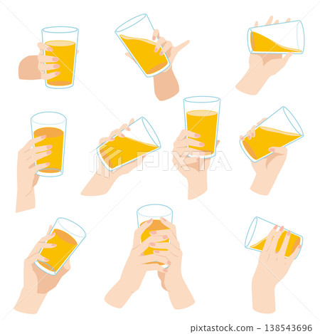 Ten different illustrations of a hand drinking juice from a glass. Ten different illustrations of a hand drinking juice from a glass. 138543696