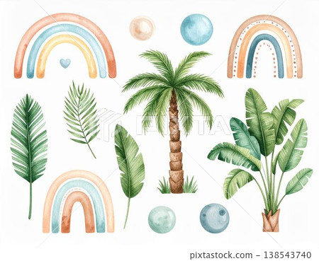 水彩波西米亞熱帶植物和彩虹套裝:棕櫚樹、香蕉葉和色彩豐富的插圖 水彩波西米亞熱帶植物和彩虹套裝:棕櫚樹、香蕉葉和色彩豐富的插圖 138543740