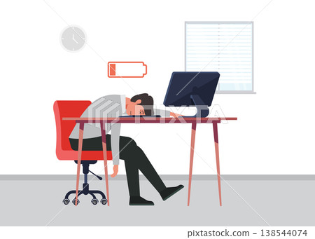 Exhausted businessman slumped at desk with low battery stock illustration. 138544074