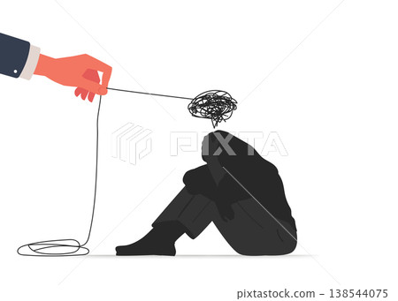 Hand Untangling Messy Thoughts of a Depressed Person Stock Illustration. Hand Untangling Messy Thoughts of a Depressed Person Stock Illustration. 138544075
