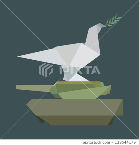 Polygon peace dove carrying olive branch on military tank isolated on dark turquoise square background Polygon peace dove carrying olive branch on military tank isolated on dark turquoise square background 138544179