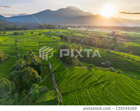 Beautiful morning view in Indonesia, panoramic landscape of rice fields with mountain ranges and clear sky 138544269