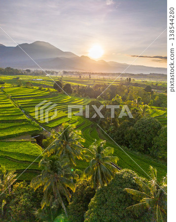 Beautiful morning view in Indonesia, panoramic landscape of rice fields with mountain ranges and clear sky Beautiful morning view in Indonesia, panoramic landscape of rice fields with mountain ranges and clear sky 138544280