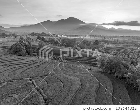 Beautiful morning view in Indonesia, panoramic landscape of rice fields with mountain ranges and clear sky Beautiful morning view in Indonesia, panoramic landscape of rice fields with mountain ranges and clear sky 138544322