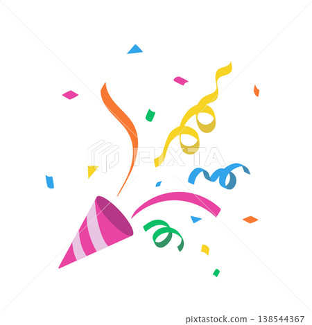 Illustration of a cracker, confetti and ribbons, colorful. Illustration of a cracker, confetti and ribbons, colorful. 138544367