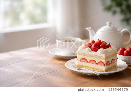 可愛的草莓蛋糕和茶 可愛的草莓蛋糕和茶 138544379