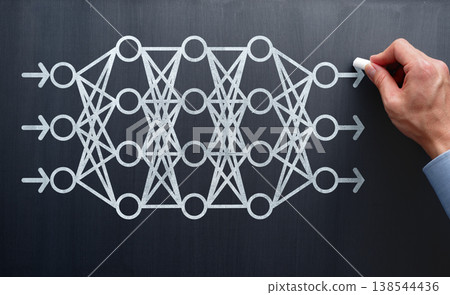 人工智慧神經網路。一位系統工程師正在黑板上繪製神經網路連接和網路結構。 人工智慧神經網路。一位系統工程師正在黑板上繪製神經網路連接和網路結構。 138544436