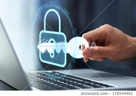 Secure user authentication and network access control. Security systems and encryption keys. On a laptop. Secure user authentication and network access control. Security systems and encryption keys. On a laptop. 138544462