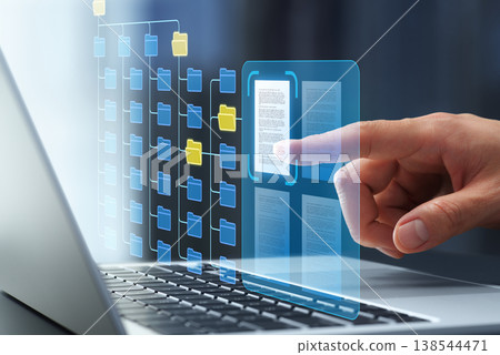 Document and knowledge management system. Search business information from files and folders. On a laptop. Document and knowledge management system. Search business information from files and folders. On a laptop. 138544471