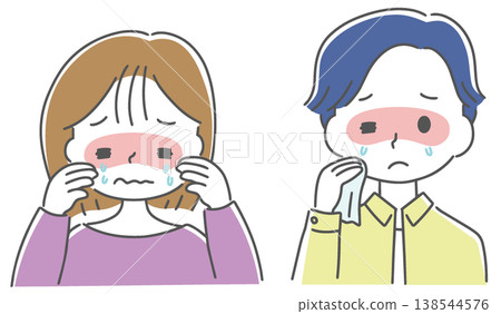Illustrations of a man and woman suffering from itchy eyes. 138544576