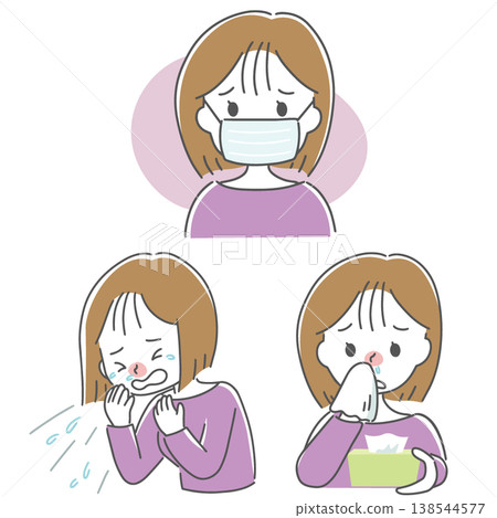一幅描繪女性出現花粉症或感冒症狀的插圖。 138544577