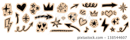 Scrapbook collage element sticker set. Hand drawn paper cut collage with crayon doodle line sketch texture background. Cute retro journal notebook scrap heart star circle arrow lightning crown. Vector 138544607