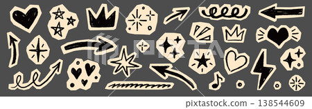 Scrapbook collage sticker element set. Hand drawn paper cut collage with crayon doodle line brush texture. Cute planner craft template design with heart circle arrow star label frame. Vector 138544609
