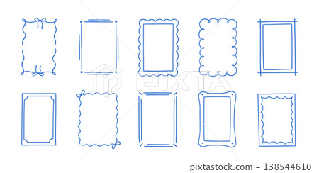 Frame border hand drawn line set. Frame border line hand drawn doodle rectangle vintage wavy bow picture. Cute whimsical decoration scallop squiggly curly wedding invitation. Vector Frame border hand drawn line set. Frame border line hand drawn doodle rectangle vintage wavy bow picture. Cute whimsical decoration scallop squiggly curly wedding invitation. Vector 138544610