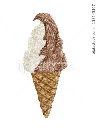 [Vanilla and Chocolate Soft Serve Ice Cream] Hand-Embroidered Illustration Material 138545307
