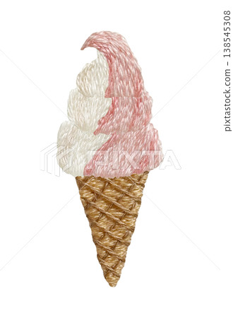 [Strawberry Soft Serve Ice Cream] Hand-embroidered illustration material 138545308