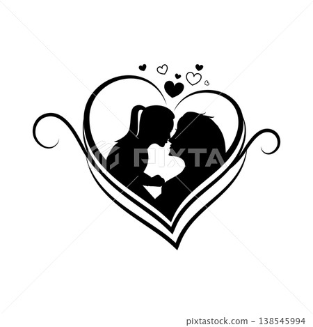 Mother and Daughter Silhouette Inside Heart Swirl Frame 138545994
