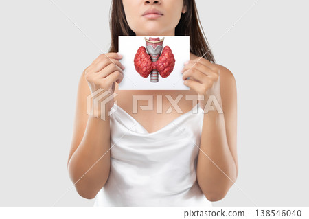 Young woman holding thyroid image illustrating thyroid cancer and complications 138546040