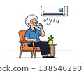 An illustration of an elderly person cooling off with an air conditioner and staying hydrated (heatstroke prevention). 138546290