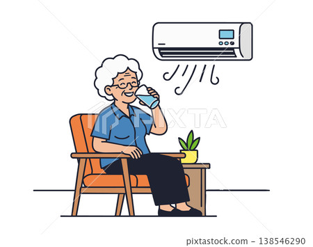 An illustration of an elderly person cooling off with an air conditioner and staying hydrated (heatstroke prevention). 138546290