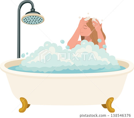 woman bathing in bathtub with foam bubbles bathroom hygiene self care relaxation flat illustration 138546376