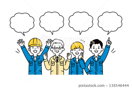 一組向量插圖，描繪了對話氣泡以及企業主和多名員工的上半身，他們表情生動，姿態充滿活力。 138546444