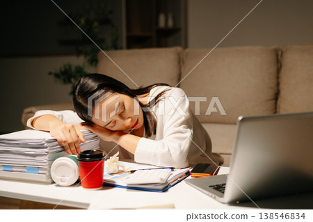 Asian woman using calculator for financial accounting and tax return at night home office. Asian woman using calculator for financial accounting and tax return at night home office. 138546834