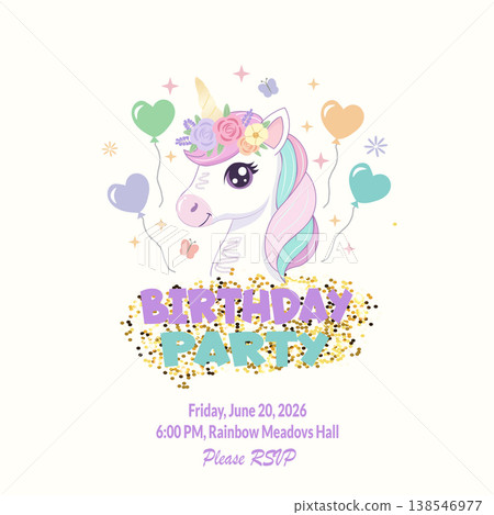 Unicorn Birthday Party Invitation for Kids with Colorful Balloons and Gold Accents Unicorn Birthday Party Invitation for Kids with Colorful Balloons and Gold Accents 138546977