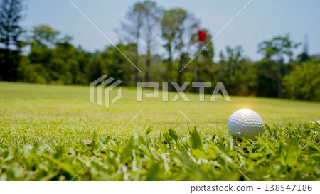 Golf ball is on a green lawn in a beautiful golf course with morning sunshine. Golf ball is on a green lawn in a beautiful golf course with morning sunshine. 138547186