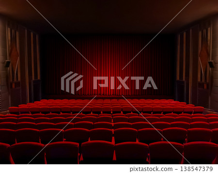 Empty Theater Seats Facing Red Velvet Stage Curtain. 138547379