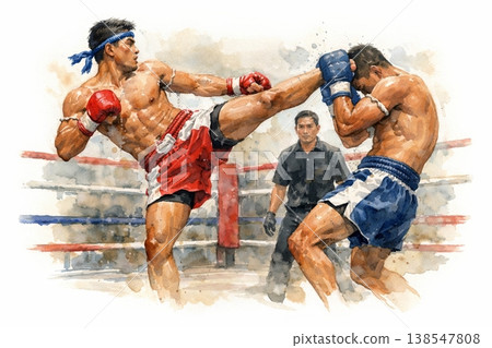 Watercolor Muay Thai Fighters High Kick Action in Ring Dynamic Combat Scene 138547808