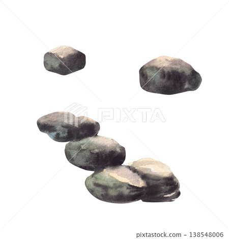 Natural stones set. Solid grey brown rocks pile, Sea or lake Pebbles element of landscape, forest, seascape, nature scene. Hand drawn watercolor realistic illustration for card, border, travel guide Natural stones set. Solid grey brown rocks pile, Sea or lake Pebbles element of landscape, forest, seascape, nature scene. Hand drawn watercolor realistic illustration for card, border, travel guide 138548006