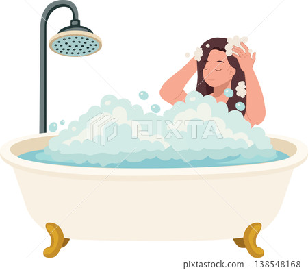 woman bathing in bathtub bubble bath bathroom hygiene self care. female washing hair in home bathroom daily routine wellness concept woman bathing in bathtub bubble bath bathroom hygiene self care. female washing hair in home bathroom daily routine wellness concept 138548168