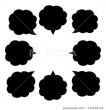 A set of black, fluffy speech bubbles facing in various directions. A set of black, fluffy speech bubbles facing in various directions. 138548192