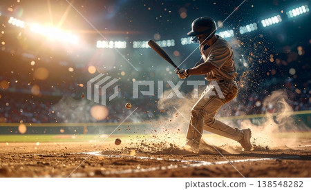 棒球打擊場景，展現球棒擊中球的瞬間。 138548282