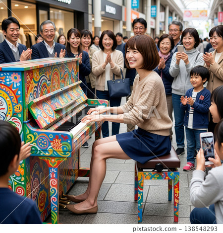 一位年輕女子正在彈奏一架色彩繽紛的街頭鋼琴。 138548293