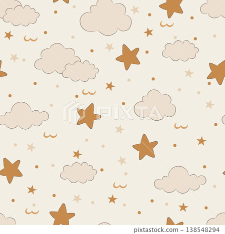 Neutral Baby Seamless Pattern with Stars, Clouds and Moon ,Boho Nursery Background Neutral Baby Seamless Pattern with Stars, Clouds and Moon ,Boho Nursery Background 138548294