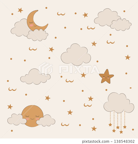 Boho Baby Nursery Set Cute Animals, Moon, Clouds, Seamless Patterns, Neutral Colors Boho Baby Nursery Set Cute Animals, Moon, Clouds, Seamless Patterns, Neutral Colors 138548302