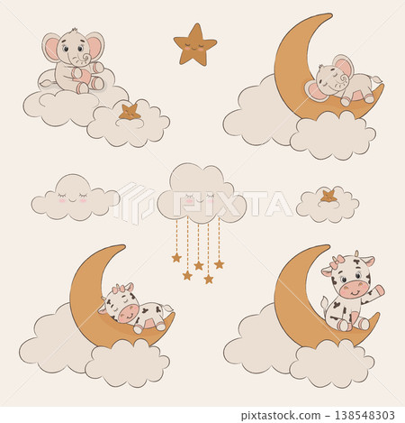 Boho Baby Nursery Set Cute Animals, Moon, Clouds, Seamless Patterns, Neutral Colors Boho Baby Nursery Set Cute Animals, Moon, Clouds, Seamless Patterns, Neutral Colors 138548303