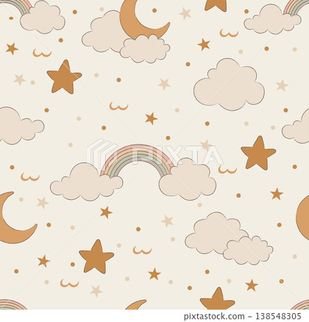 Neutral Baby Seamless Pattern with Stars, Clouds and Moon ,Boho Nursery Background Neutral Baby Seamless Pattern with Stars, Clouds and Moon ,Boho Nursery Background 138548305