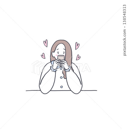 一幅描繪一位女士開心地看著智慧型手機的插圖。 一幅描繪一位女士開心地看著智慧型手機的插圖。 138548313