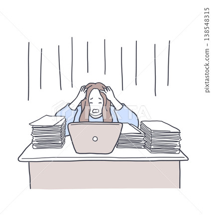 Illustration of a woman holding her head in her hands, overwhelmed by a huge amount of work. Illustration of a woman holding her head in her hands, overwhelmed by a huge amount of work. 138548315