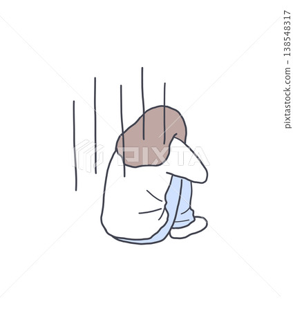 Illustration of a woman sitting with her legs to her chest, looking dejected, from behind. 138548317