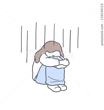 插圖描繪了一位女子蜷縮著身子，雙膝抱在胸前，神情沮喪。 138548318